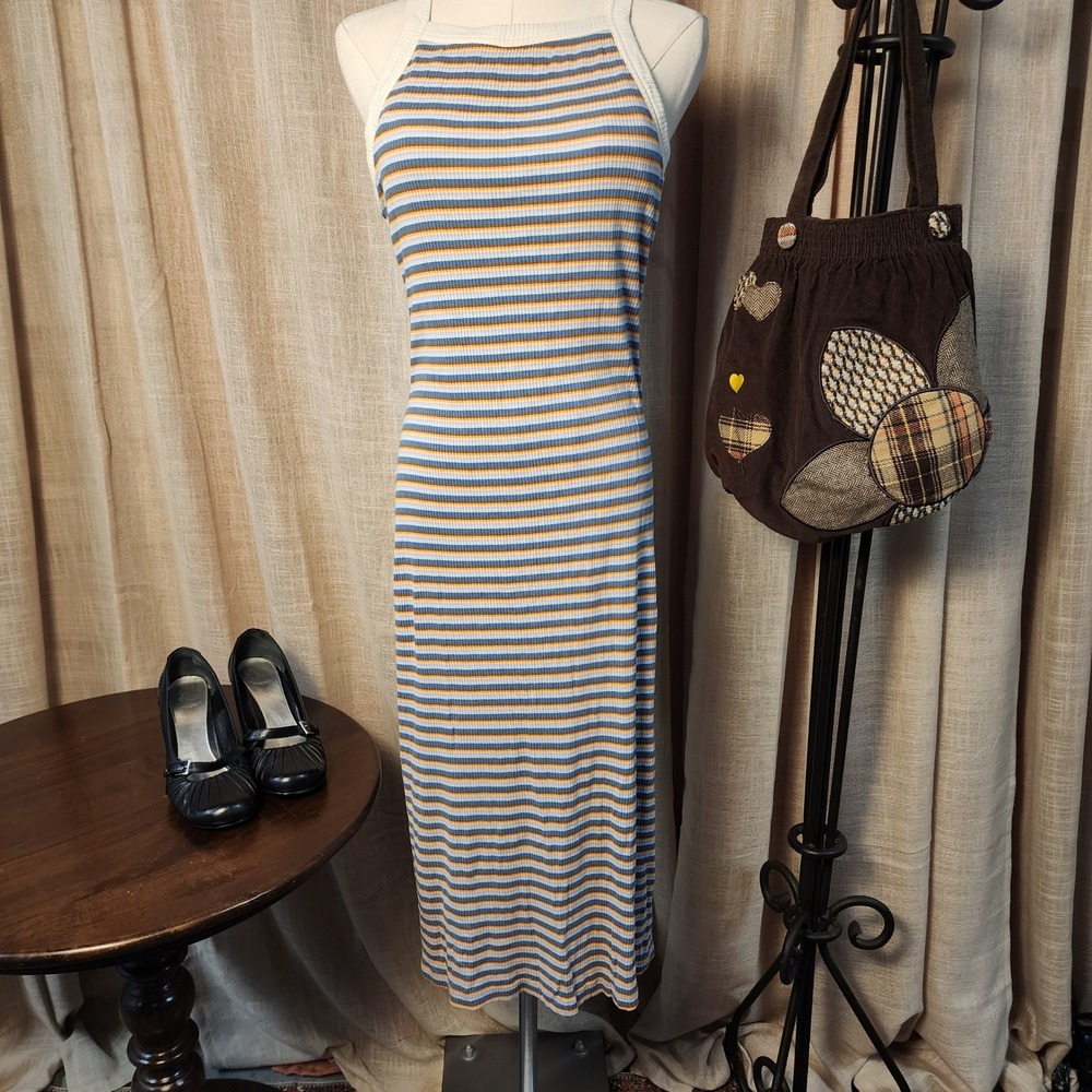 RVCA Wildfire Striped Ribbed Midi Dress L Blue Orange Cream Bodycon Surf